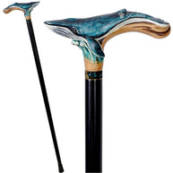 Wooden Cane Walking Stick Blue Whale - Wood Carved Cane, Light Handpainted handle & Black shaft Sea Wave Style for man woman