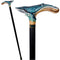 Wooden Cane Walking Stick Blue Whale - Wood Carved Cane, Light Handpainted handle & Black shaft Sea Wave Style for man woman