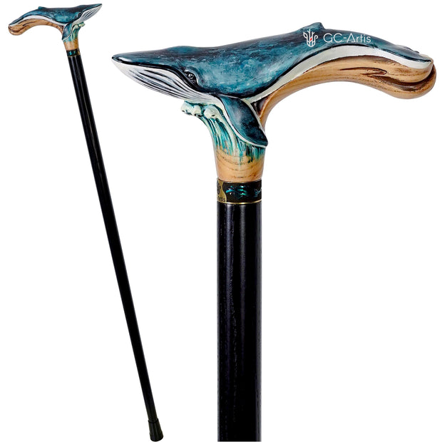 Wooden Cane Walking Stick Blue Whale - Wood Carved Cane, Light Handpainted handle & Black shaft Sea Wave Style for man woman