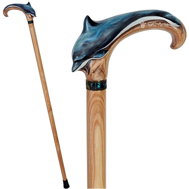 Wooden Cane Walking Stick Dolphin - Wood Carved Cane, Handpainted handle & Light shaft Sea Wave Style gift for lady or genleman