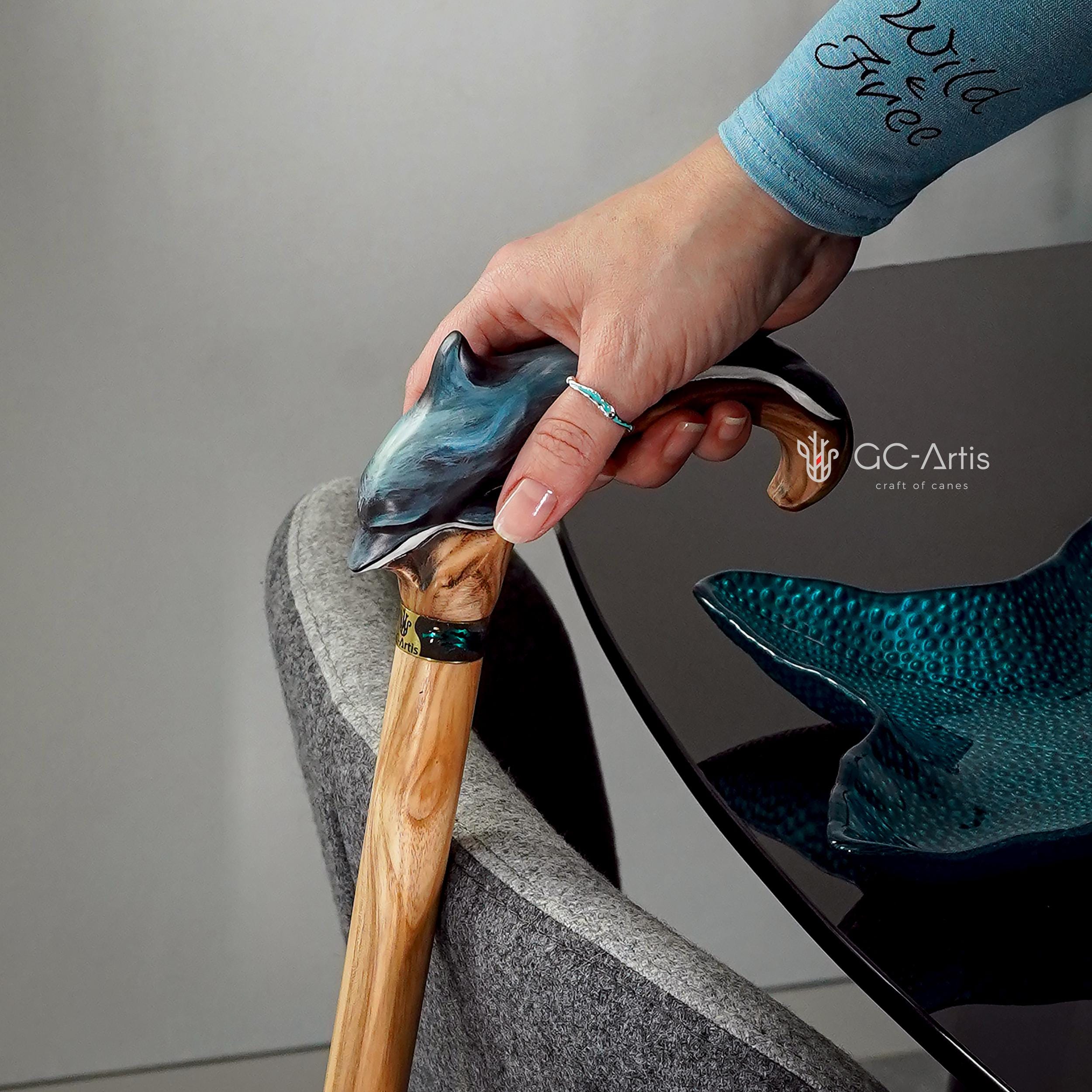 Wooden Cane Walking Stick Dolphin - Wood Carved Cane, Handpainted handle & Light shaft Sea Wave Style gift for lady or genleman