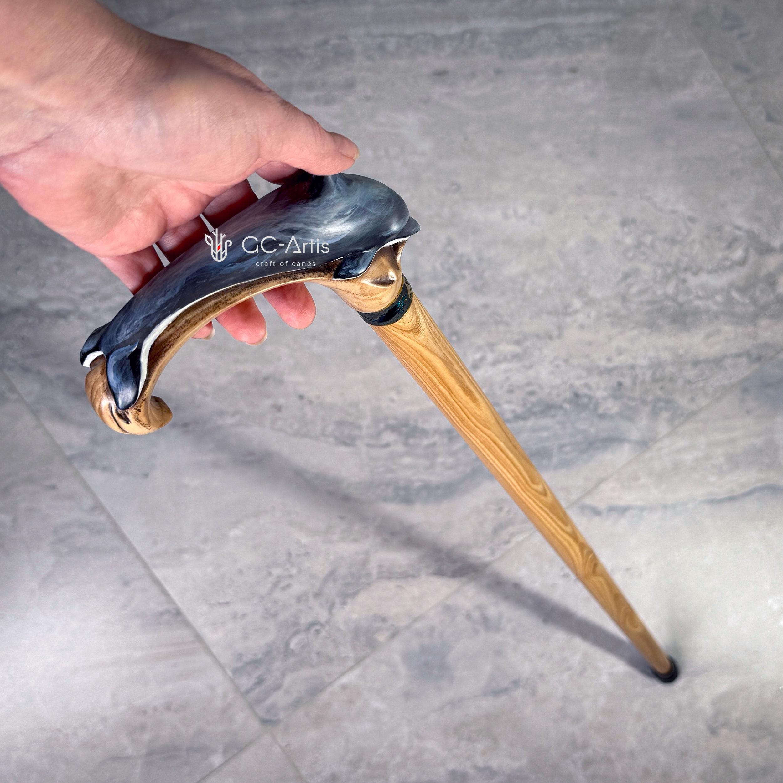 Wooden Cane Walking Stick Dolphin - Wood Carved Cane, Handpainted handle & Light shaft Sea Wave Style gift for lady or genleman