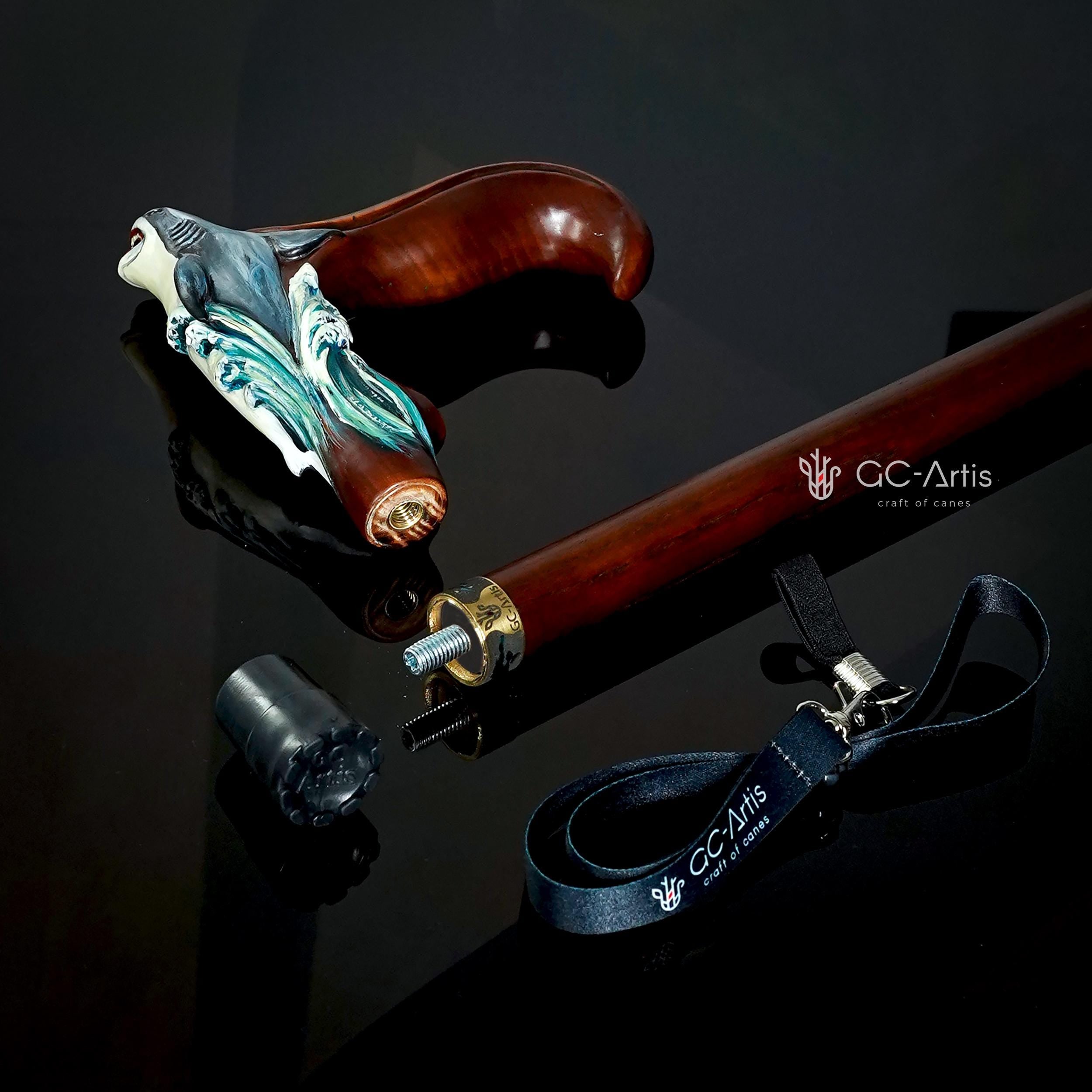 Wooden Cane Walking Stick Shark - Solid Wood Carved Fish Cane, Valnut Handpainted handle & shaft Sea Wave Style for man woman