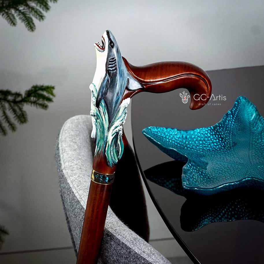 Wooden Cane Walking Stick Shark - Solid Wood Carved Fish Cane, Valnut Handpainted handle & shaft Sea Wave Style for man woman