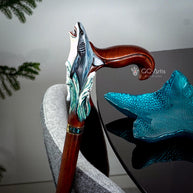 Wooden Cane Walking Stick Shark - Solid Wood Carved Fish Cane, Valnut Handpainted handle & shaft Sea Wave Style for man woman
