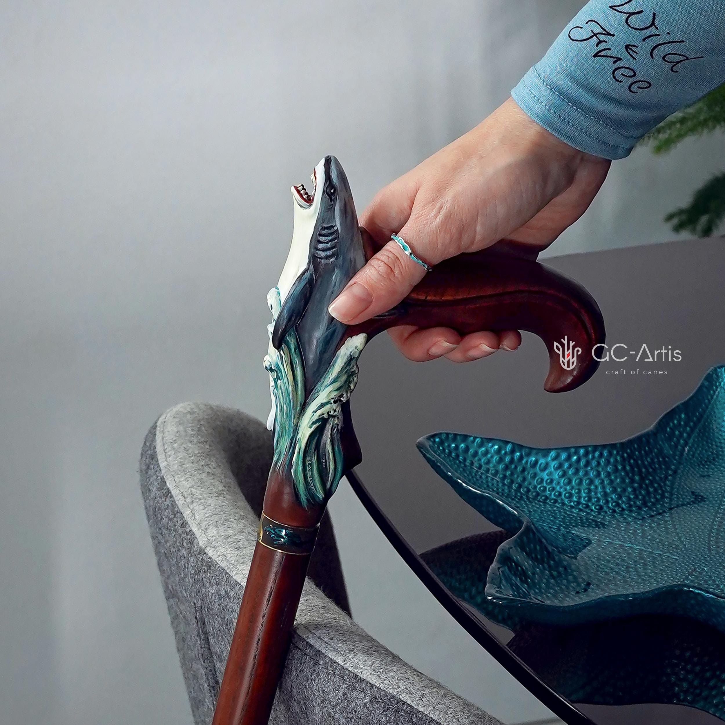 Wooden Cane Walking Stick Shark - Solid Wood Carved Fish Cane, Valnut Handpainted handle & shaft Sea Wave Style for man woman