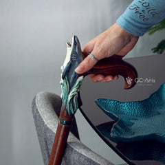 Wooden Cane Walking Stick Shark - Solid Wood Carved Fish Cane, Valnut Handpainted handle & shaft Sea Wave Style for man woman