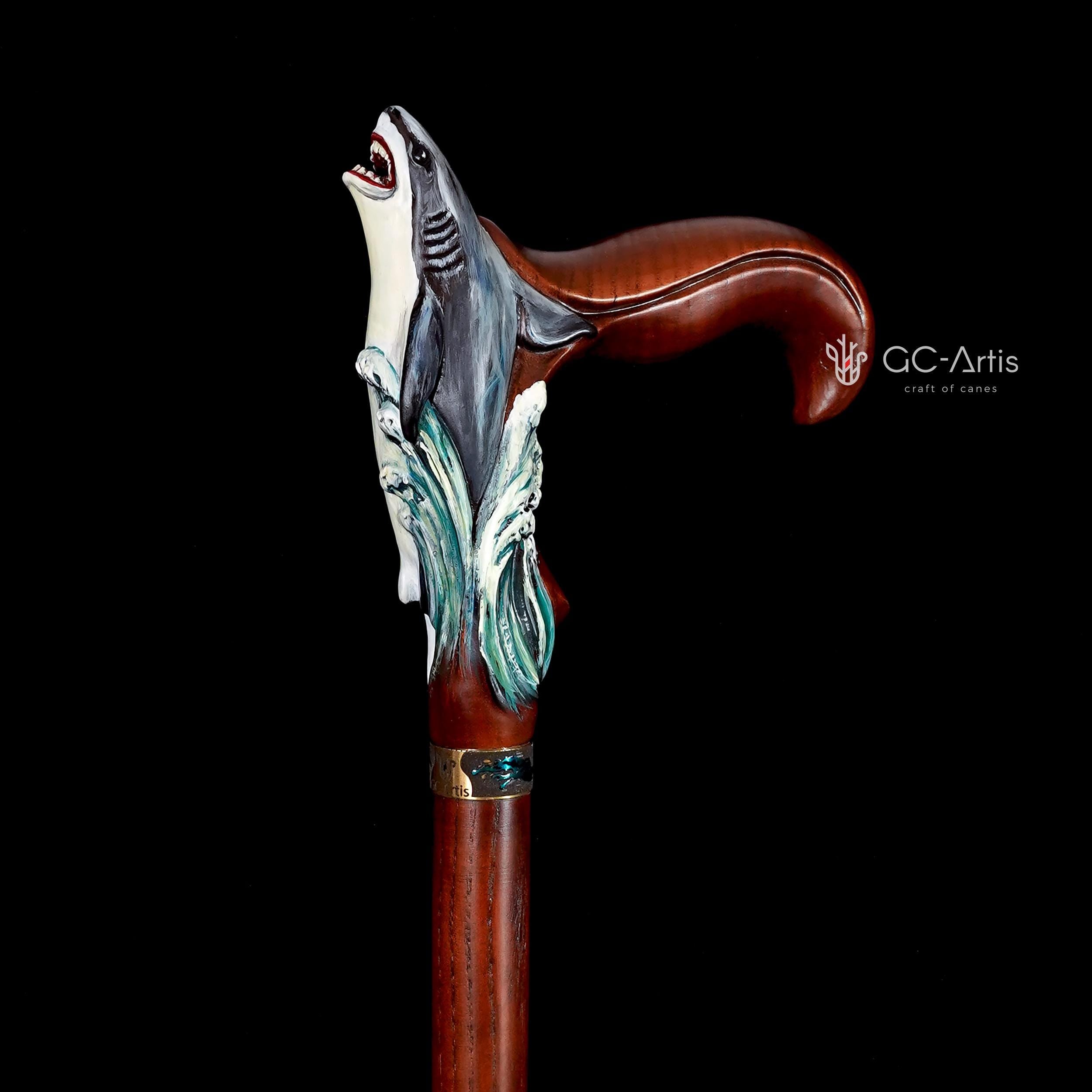 Wooden Cane Walking Stick Shark - Solid Wood Carved Fish Cane, Valnut Handpainted handle & shaft Sea Wave Style for man woman
