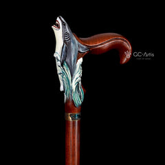 Wooden Cane Walking Stick Shark - Solid Wood Carved Fish Cane, Valnut Handpainted handle & shaft Sea Wave Style for man woman