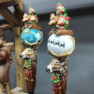 Wooden Walking Staff for Santa Claus, hand painted crafted Christmas accesory with Rudolph Reindeer, Moon - lighting nose & Elves lamp