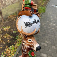 Wooden Walking Staff for Santa Claus, hand painted crafted Christmas accesory with Rudolph Reindeer, Moon - lighting nose & Elves lamp