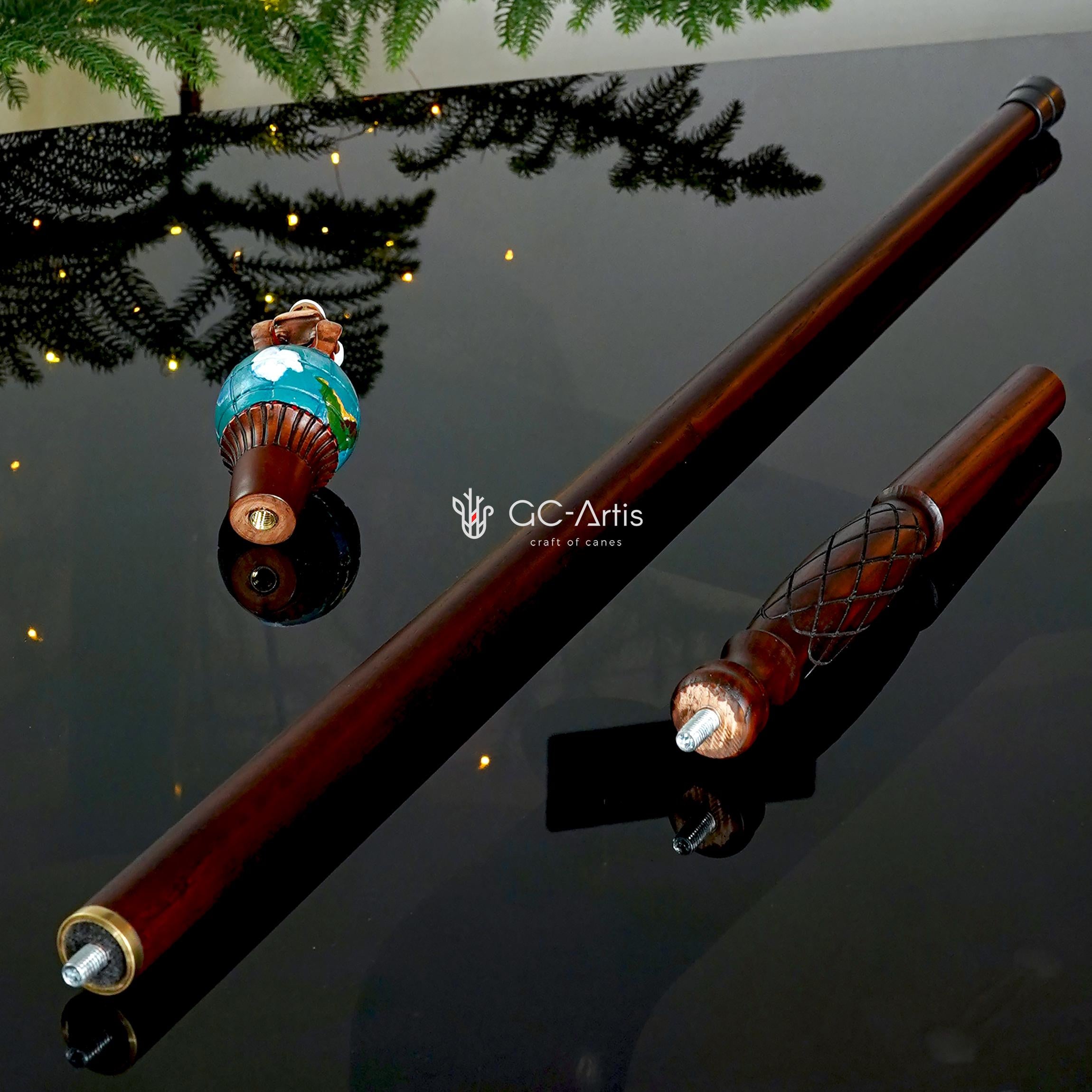 Small Wooden Walking Staff for Ms. Santa Сlaus or Santa's assistants Elf on a Globe wood carved handpainted Christmas custume acessory stick