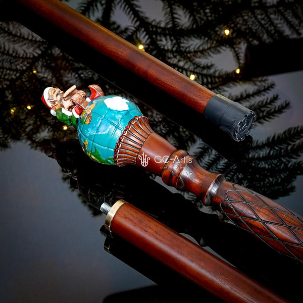 Small Wooden Walking Staff for Ms. Santa Сlaus or Santa's assistants Elf on a Globe wood carved handpainted Christmas custume acessory stick