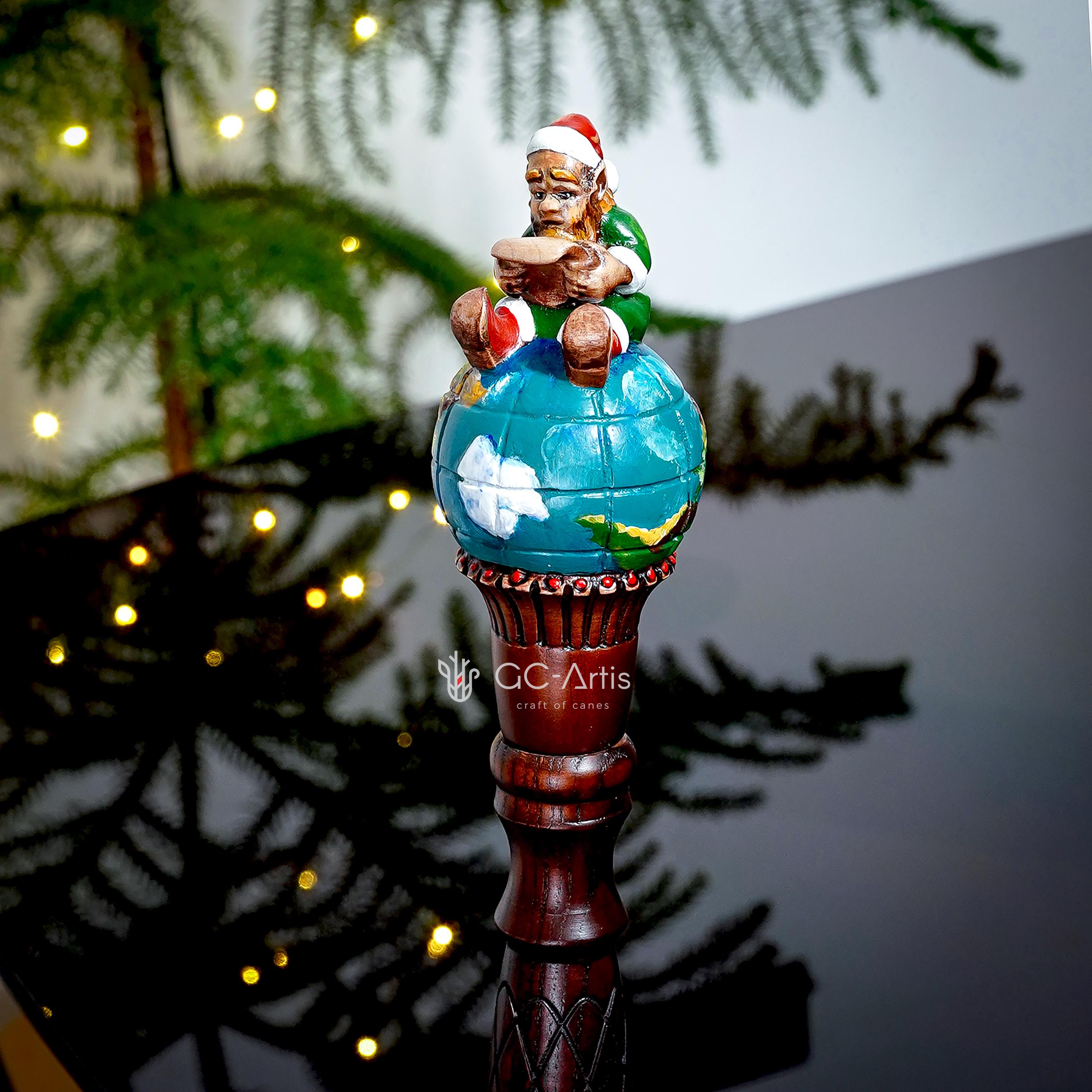 Small Wooden Walking Staff for Ms. Santa Сlaus or Santa's assistants Elf on a Globe wood carved handpainted Christmas custume acessory stick