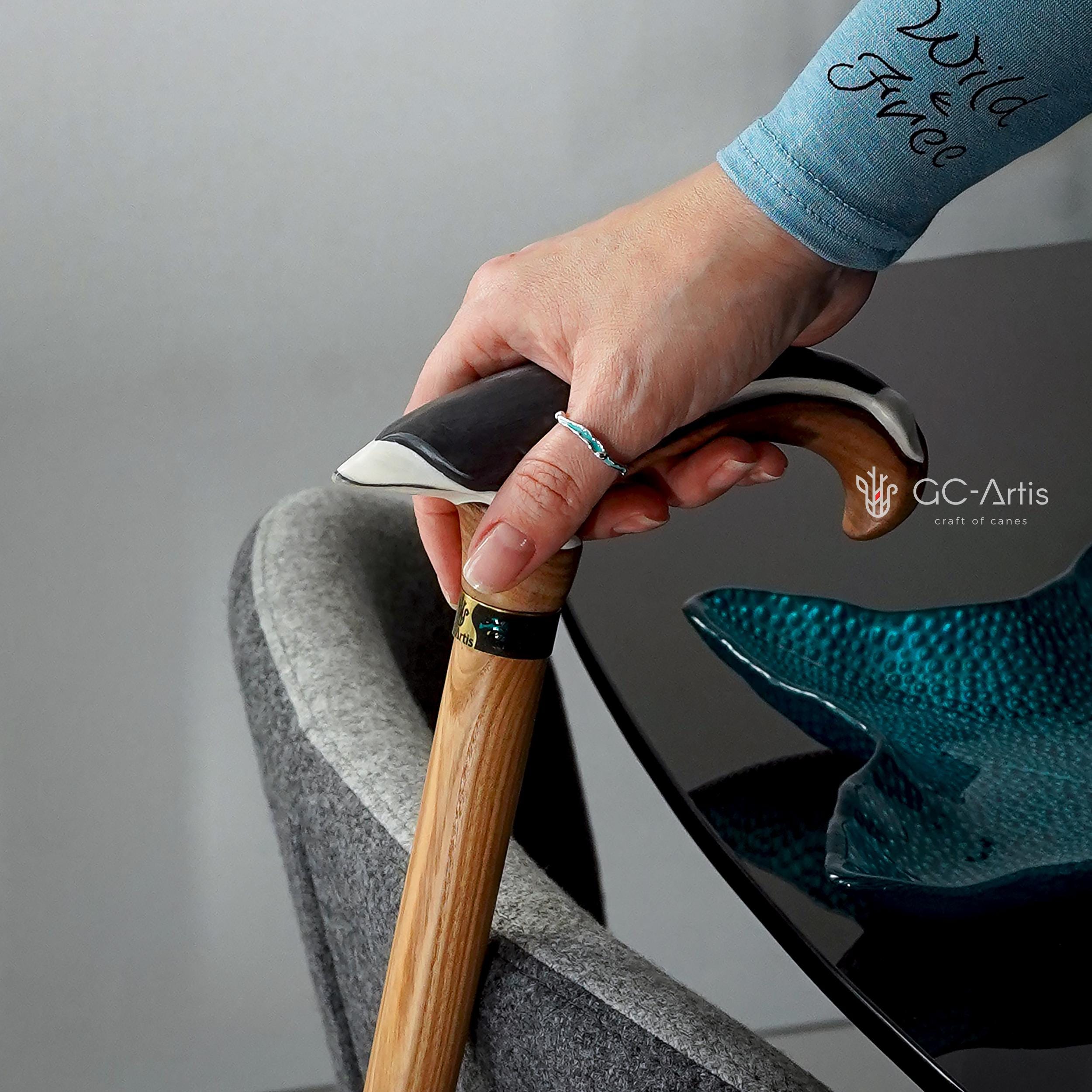 Wooden Cane Walking Stick Whale Dolphin Fish - Wood Carved Cane, Cool Handpainted handle & Light shaft Sea Style for man woman