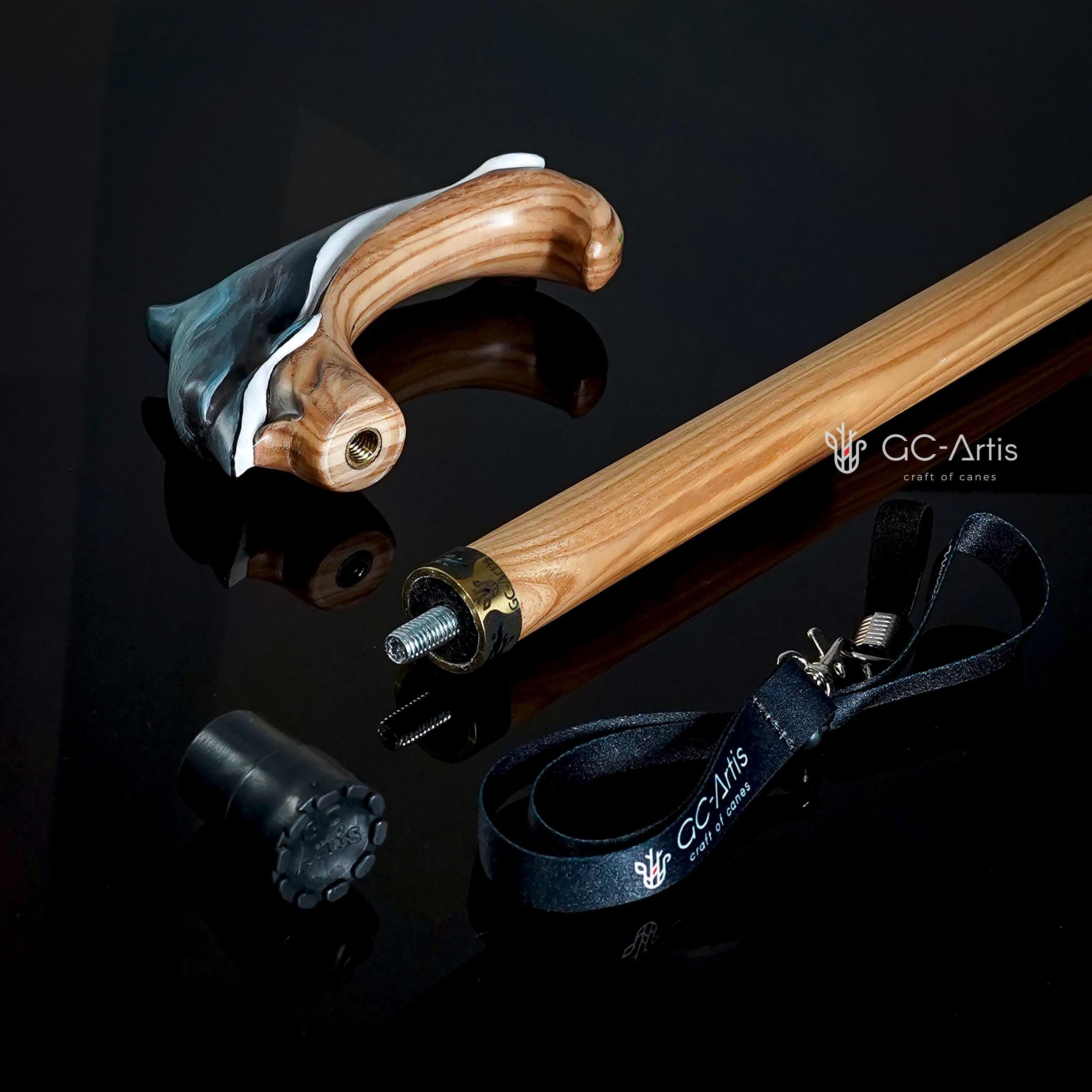 Wooden Cane Walking Stick Dolphin - Wood Carved Cane, Handpainted handle & Light shaft Sea Wave Style gift for lady or genleman