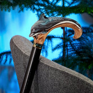 Wooden Cane Walking Stick Dolphin - Wood Carved Cane, Handpainted handle & Light shaft Sea Wave Style gift for lady or genleman