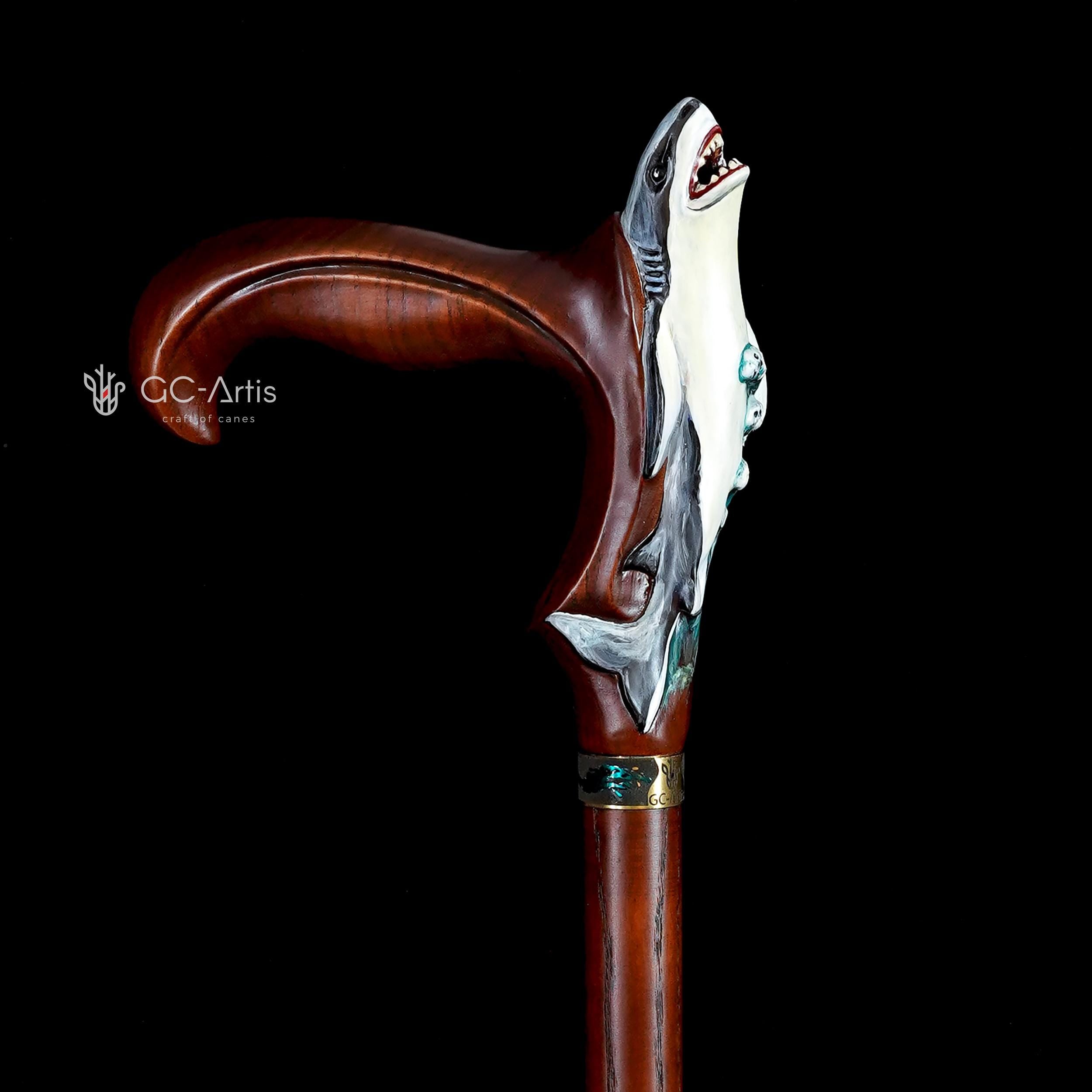Wooden Cane Walking Stick Shark - Solid Wood Carved Fish Cane, Valnut Handpainted handle & shaft Sea Wave Style for man woman