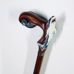 Wooden Cane Walking Stick Shark - Solid Wood Carved Fish Cane, Valnut Handpainted handle & shaft Sea Wave Style for man woman