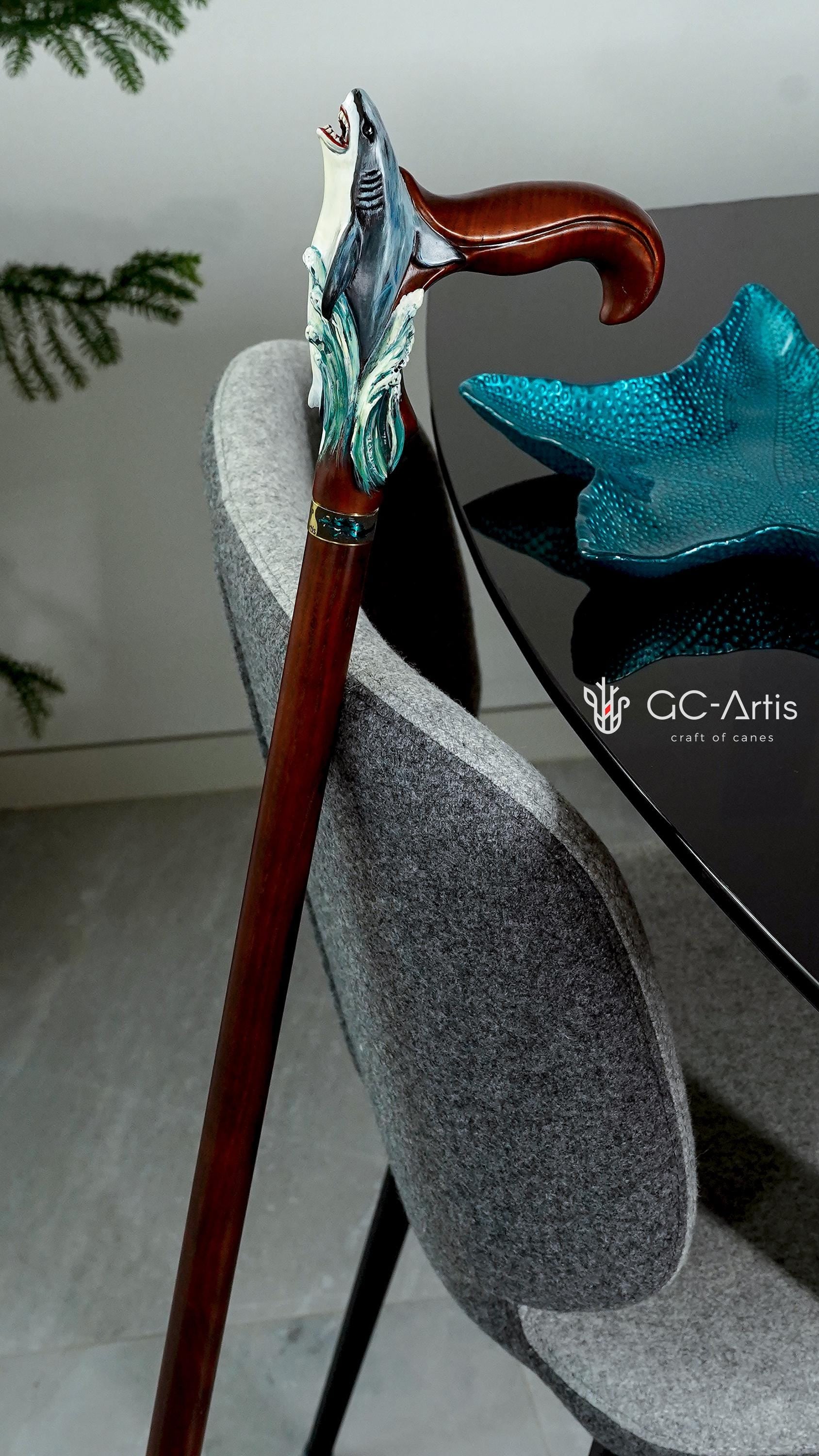 Wooden Cane Walking Stick Shark - Solid Wood Carved Fish Cane, Valnut Handpainted handle & shaft Sea Wave Style for man woman