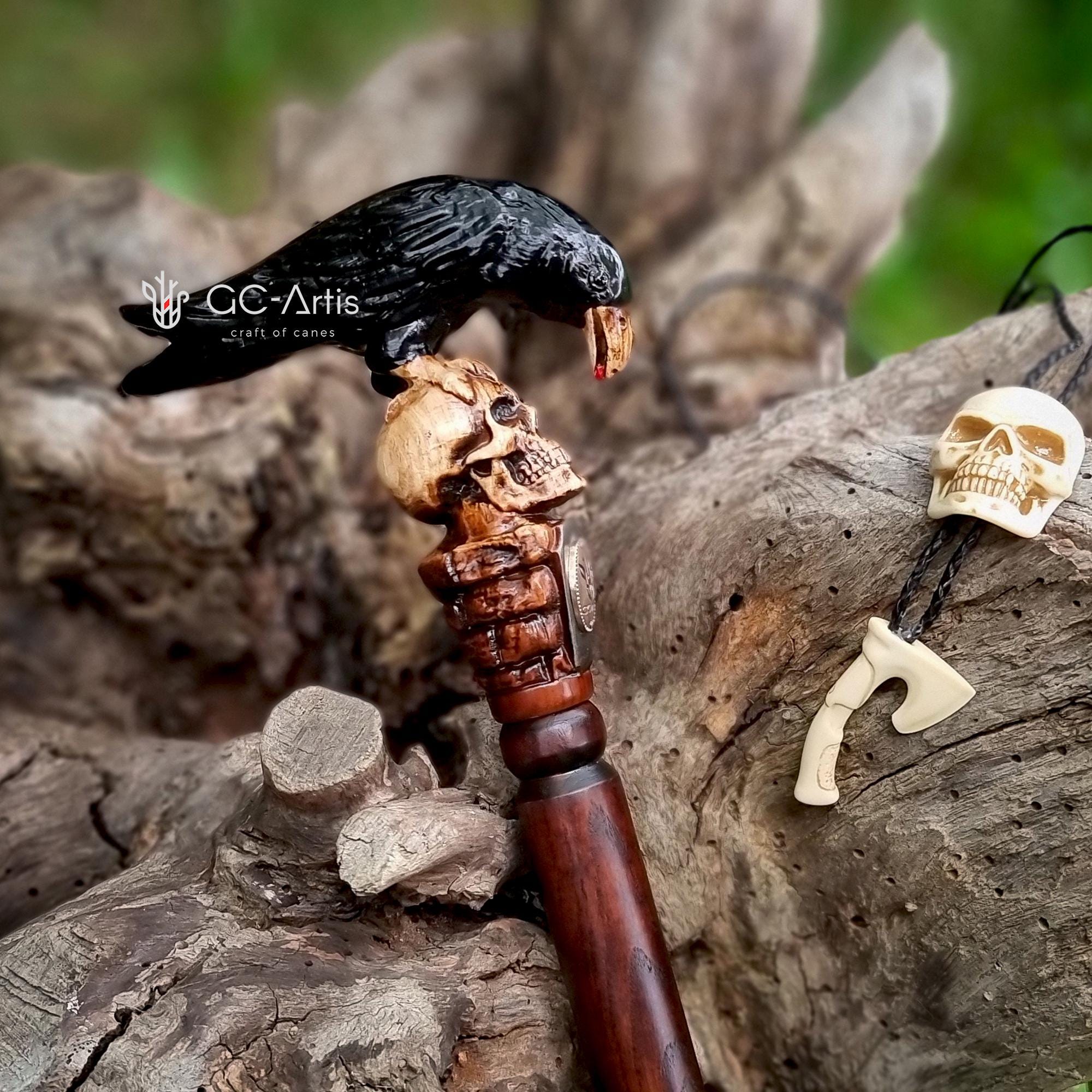 Crow & Skull – Designer Wooden Walking Cane - GCArtis - Hand carved Wooden Canes - wood, Metal