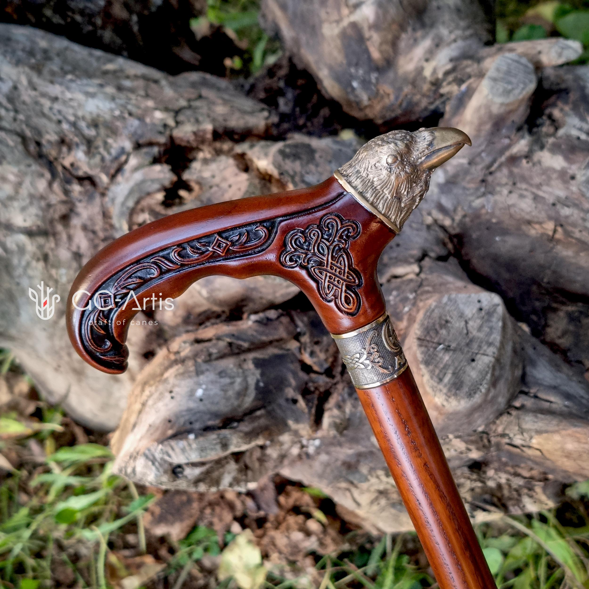 Raven Head Bronze Walking Cane – Goth Style Wooden Walking Stick - GCArtis - Solid Bronze Canes - Wood, Brass, Bronze, Melat