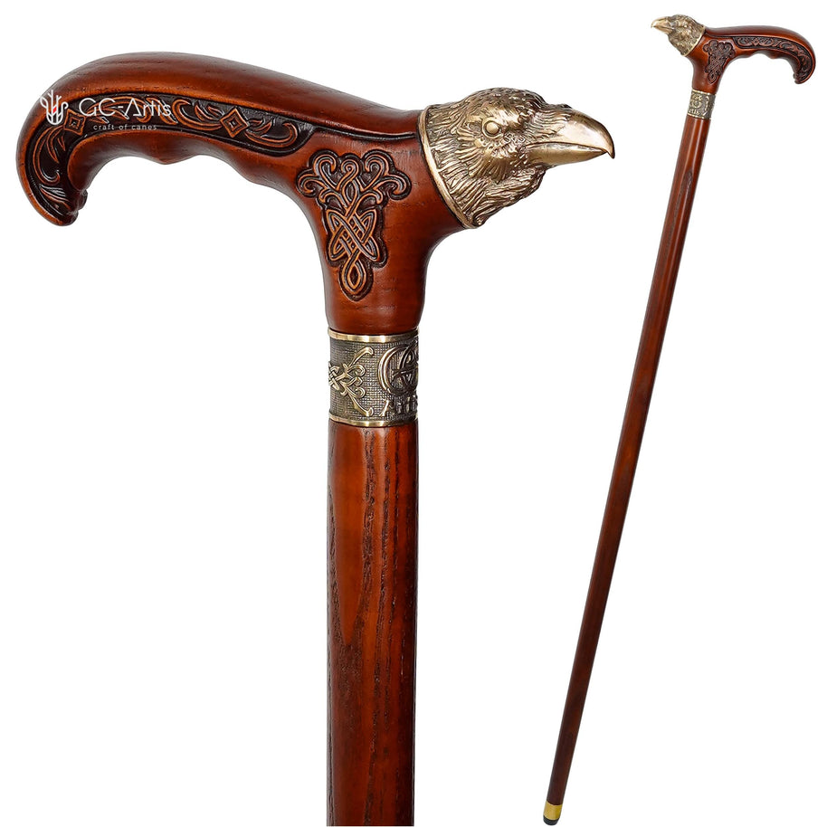 Raven Head Bronze Walking Cane – Goth Style Wooden Walking Stick - GCArtis - Solid Bronze Canes - Wood, Brass, Bronze, Melat