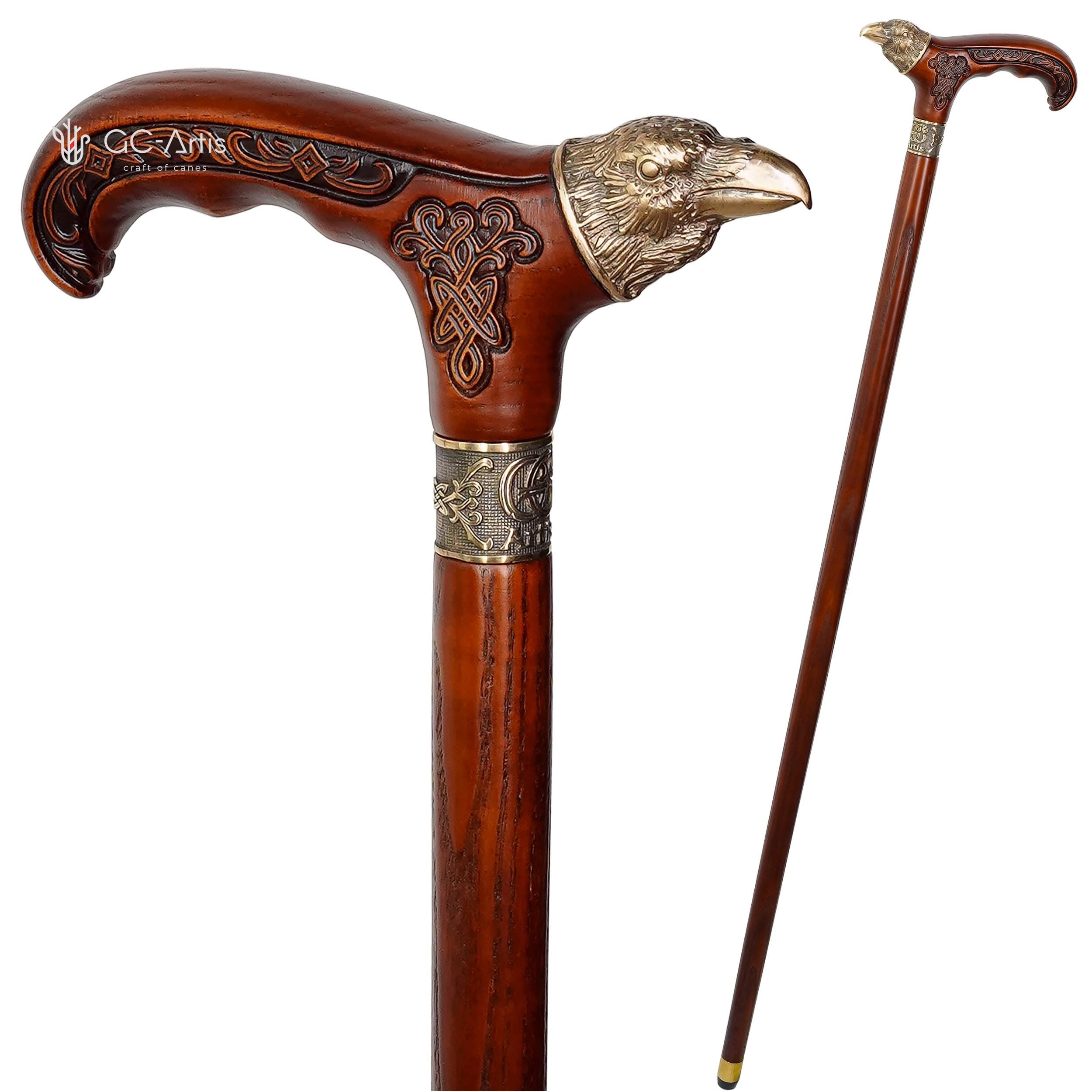 Raven Head Bronze Walking Cane – Goth Style Wooden Walking Stick - GCArtis - Solid Bronze Canes - Wood, Brass, Bronze, Melat