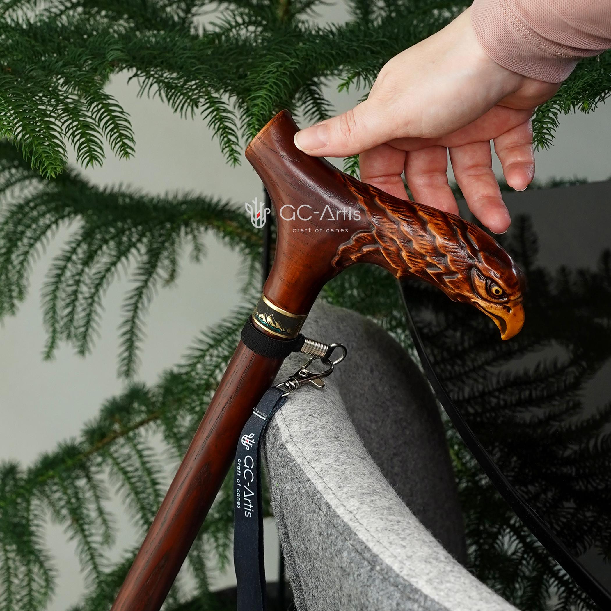 Wooden Cane Walking Stick Bald Eagle - Wood Carved Cane, Handpainted handle, Decorated Brass collar, Patriotic Style for man woman