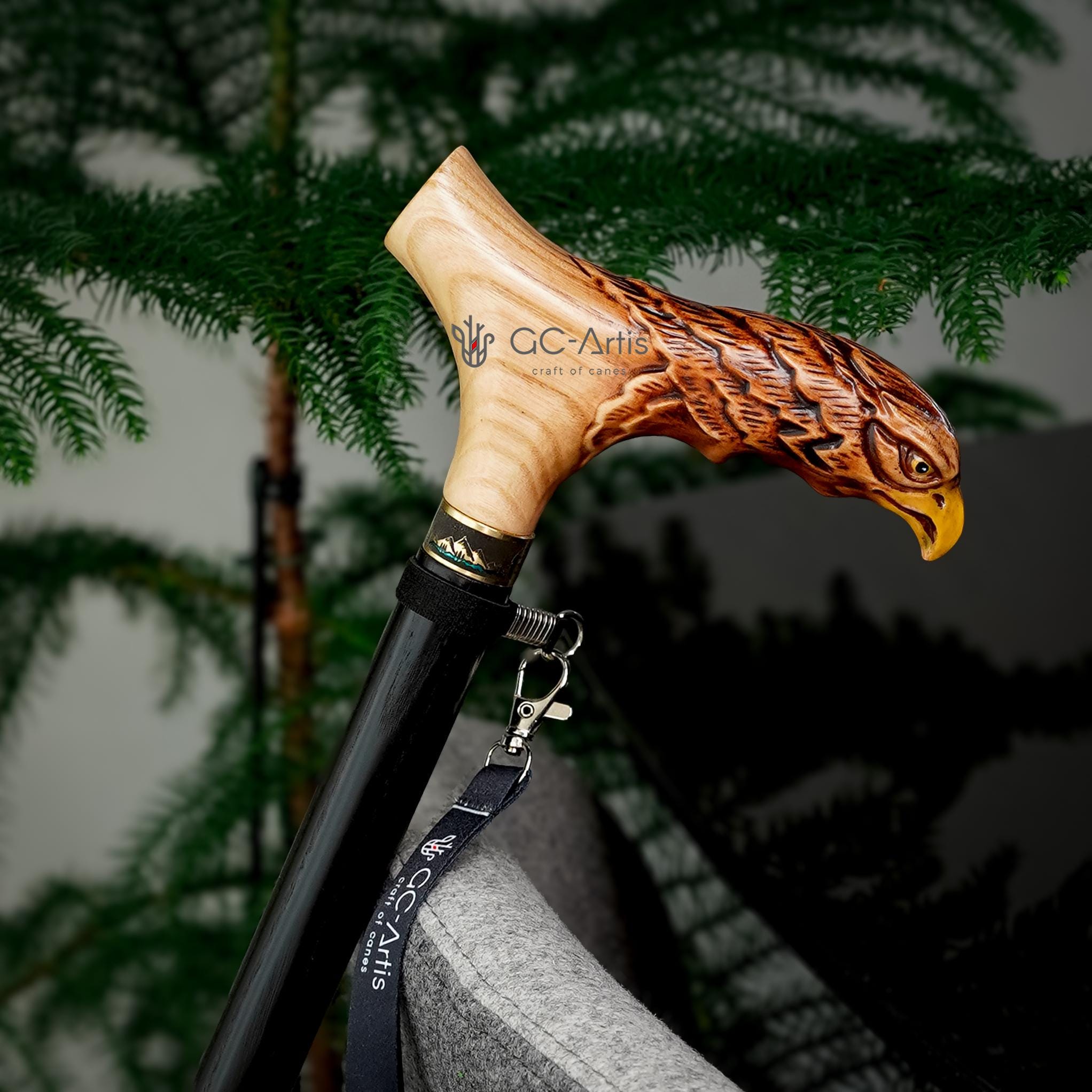 Light Wood Cane Walking Stick with American Bald Eagle - Crafted Handpainted handle, Decorated Bronze collar, Patriotic Style for man woman