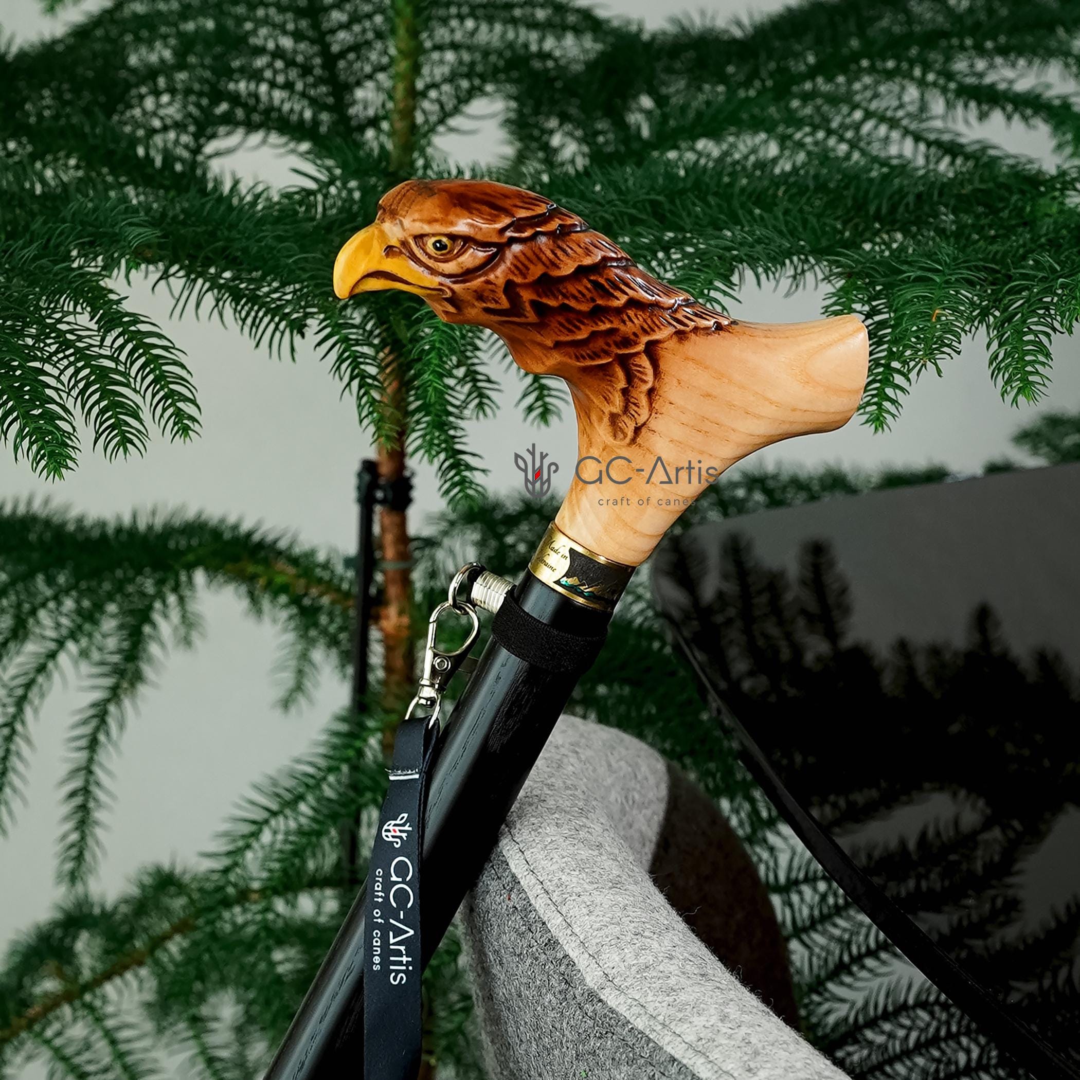 Light Wood Cane Walking Stick with American Bald Eagle - Crafted Handpainted handle, Decorated Bronze collar, Patriotic Style for man woman