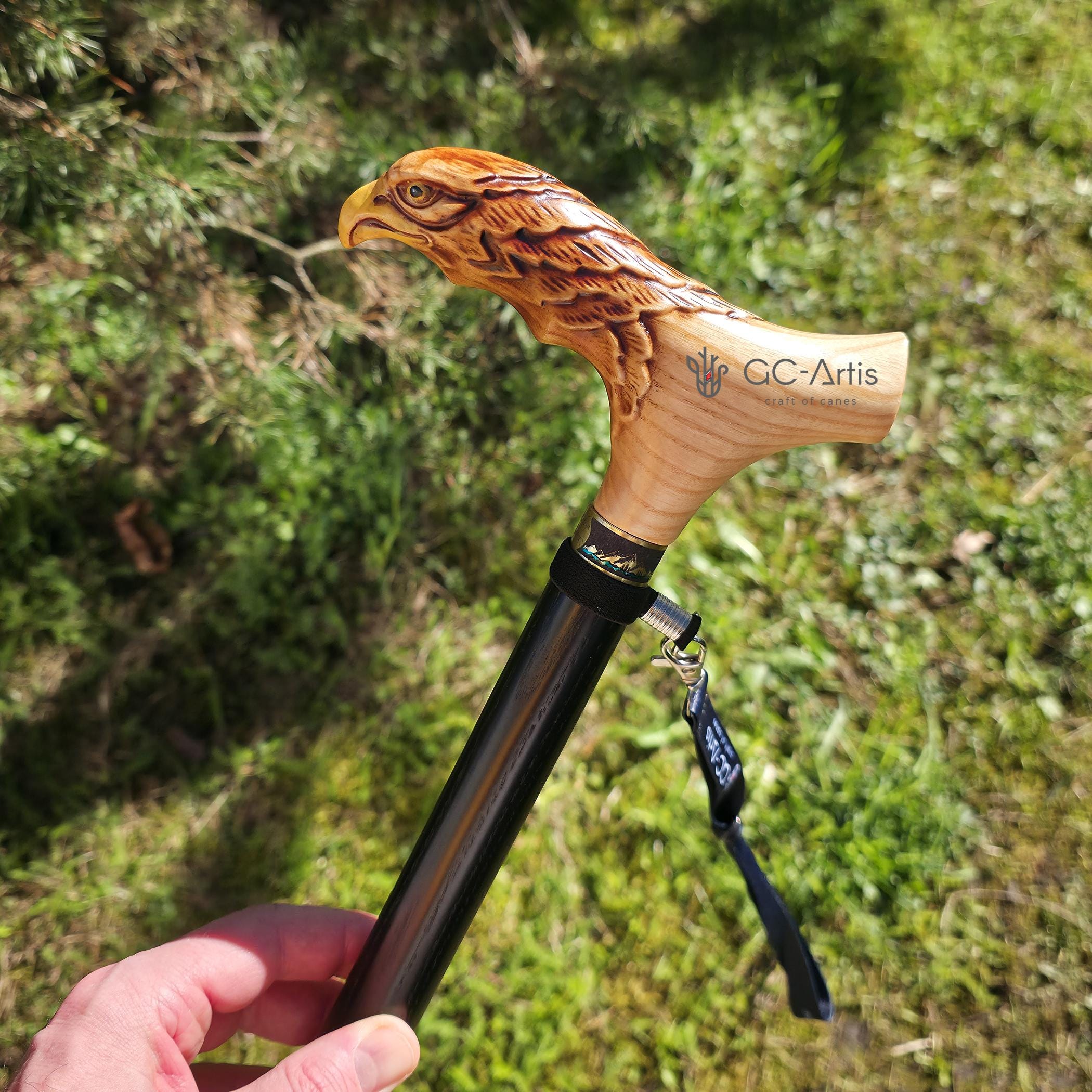 Light Wood Cane Walking Stick with American Bald Eagle - Crafted Handpainted handle, Decorated Bronze collar, Patriotic Style for man woman