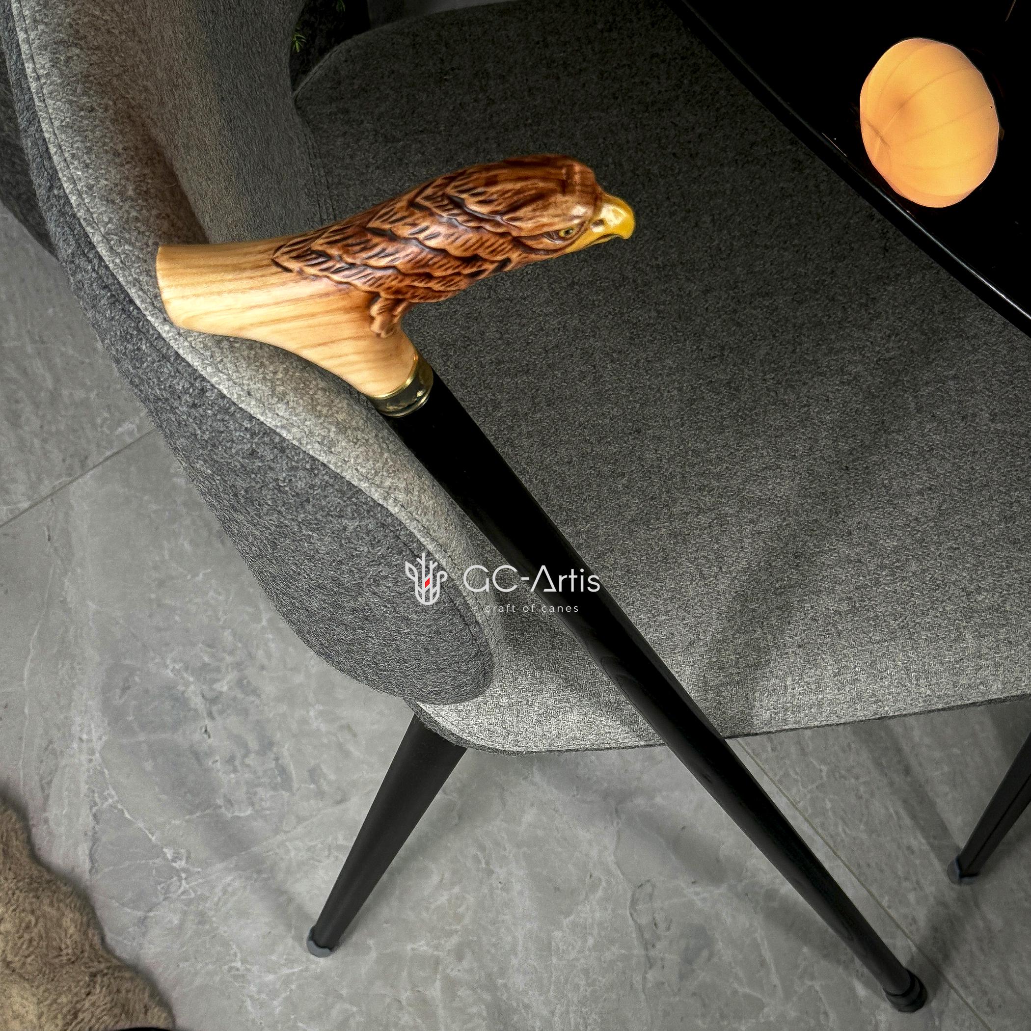 Light Wood Cane Walking Stick with American Bald Eagle - Crafted Handpainted handle, Decorated Bronze collar, Patriotic Style for man woman