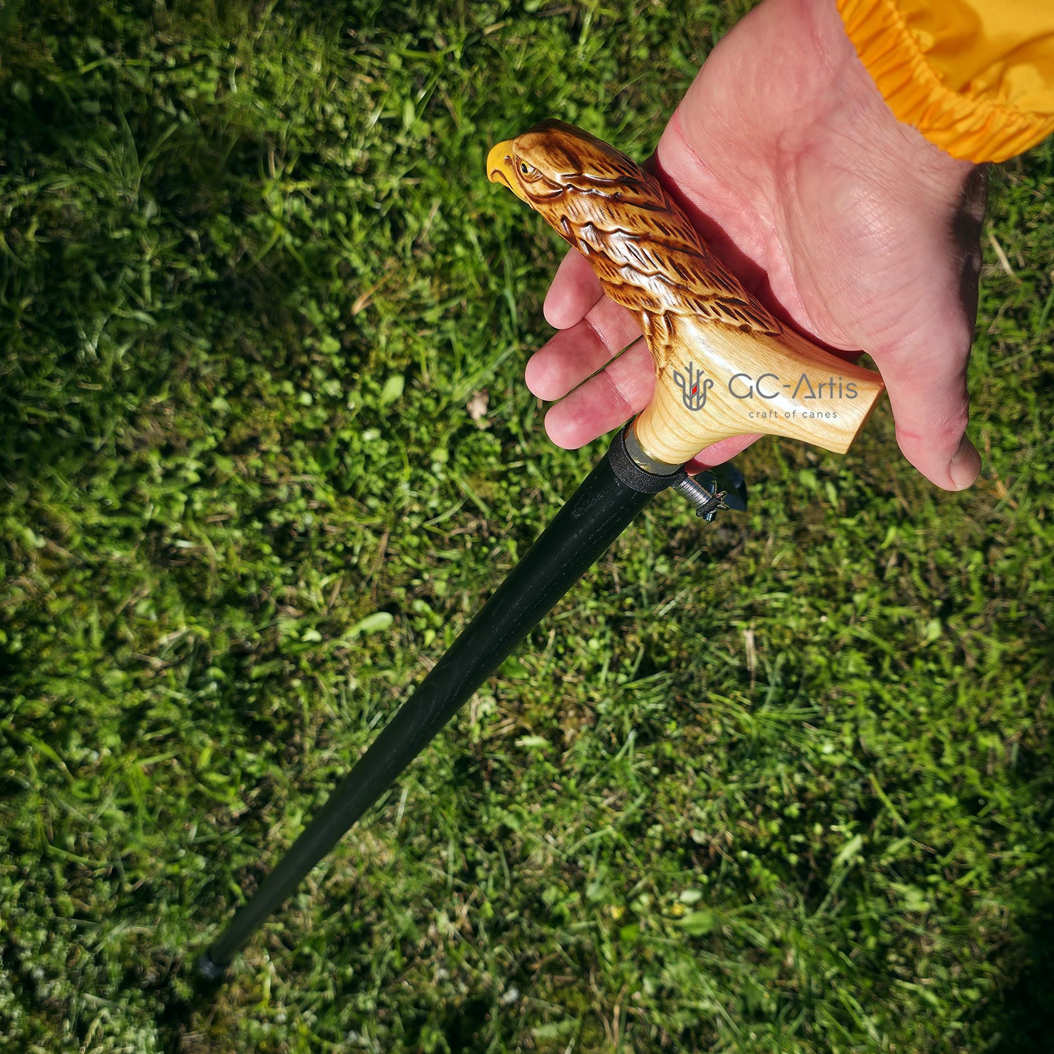 Light Wood Cane Walking Stick with American Bald Eagle - Crafted Handpainted handle, Decorated Bronze collar, Patriotic Style for man woman
