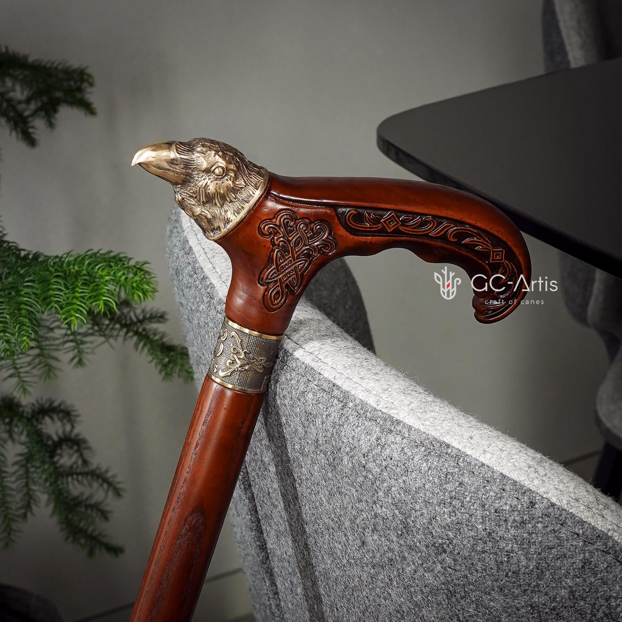 Raven Head Bronze Walking Cane – Goth Style Wooden Walking Stick - GCArtis - Solid Bronze Canes - Wood, Brass, Bronze, Melat