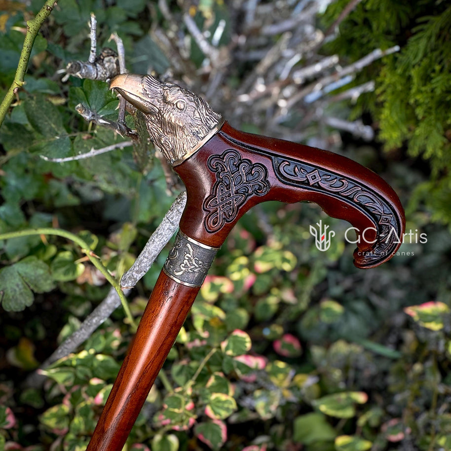 Raven Head Bronze Walking Cane – Goth Style Wooden Walking Stick - GCArtis - Solid Bronze Canes - Wood, Brass, Bronze, Melat