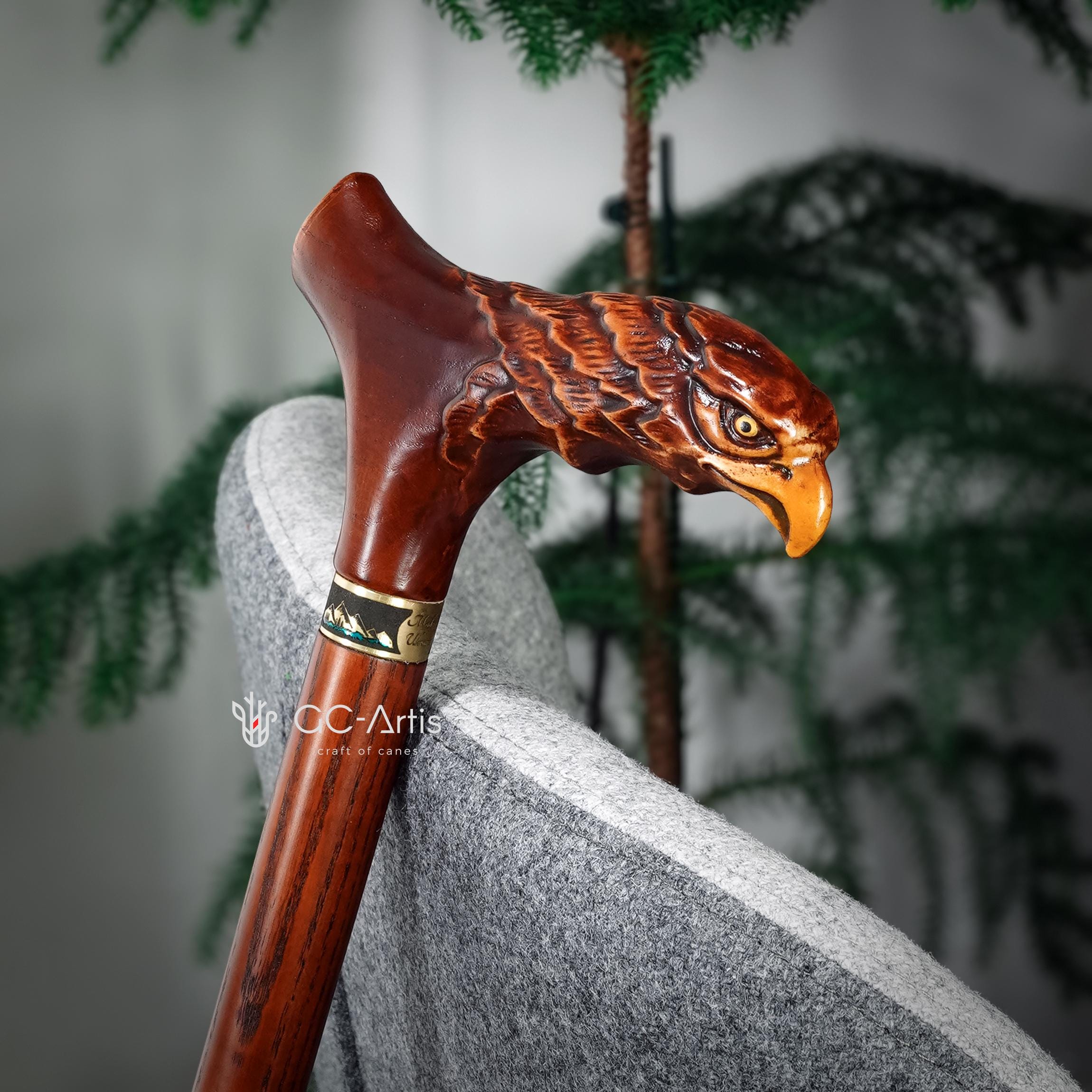 Wooden Cane Walking Stick Bald Eagle - Wood Carved Cane, Handpainted handle, Decorated Brass collar, Patriotic Style for man woman