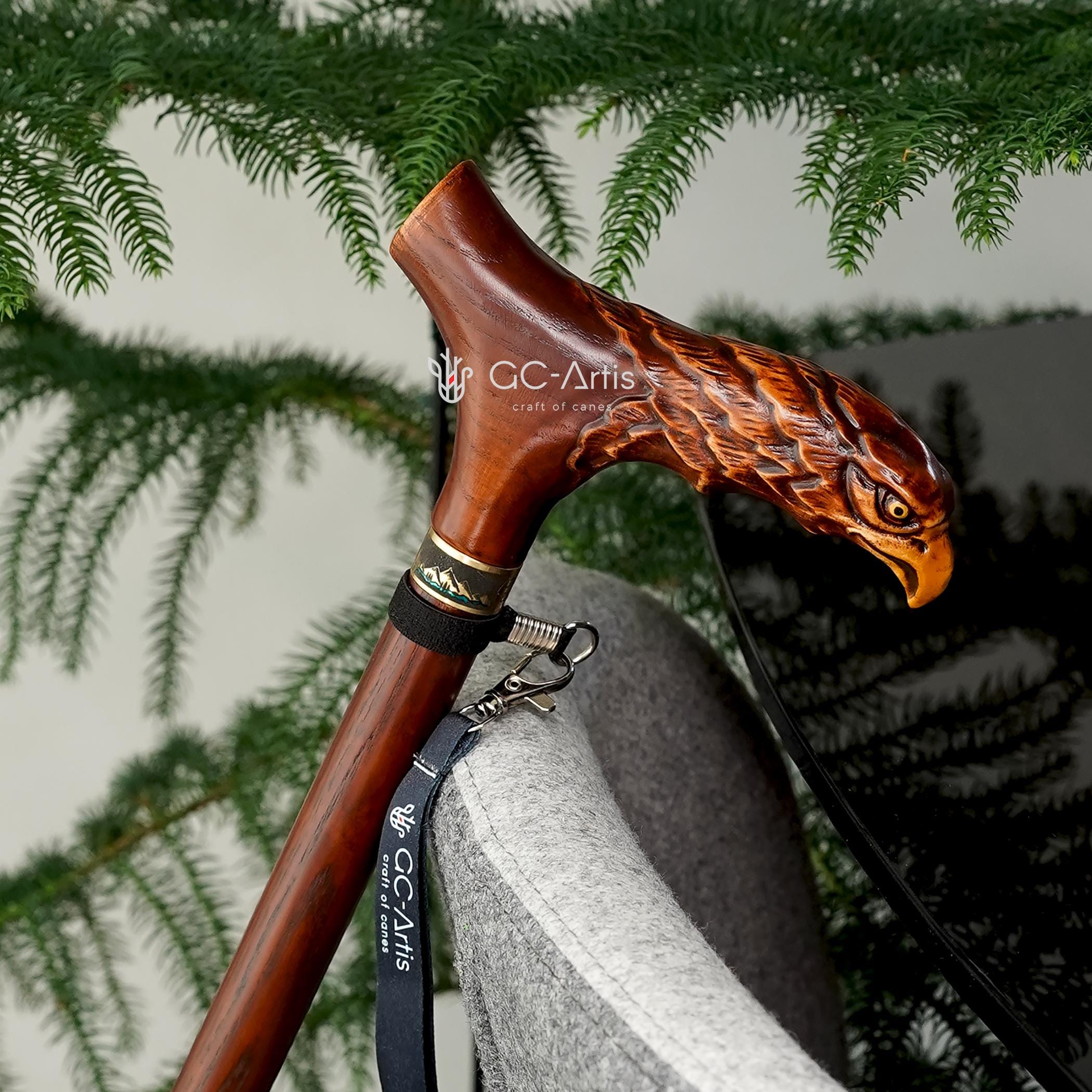 Wooden Cane Walking Stick Bald Eagle - Wood Carved Cane, Handpainted handle, Decorated Brass collar, Patriotic Style for man woman