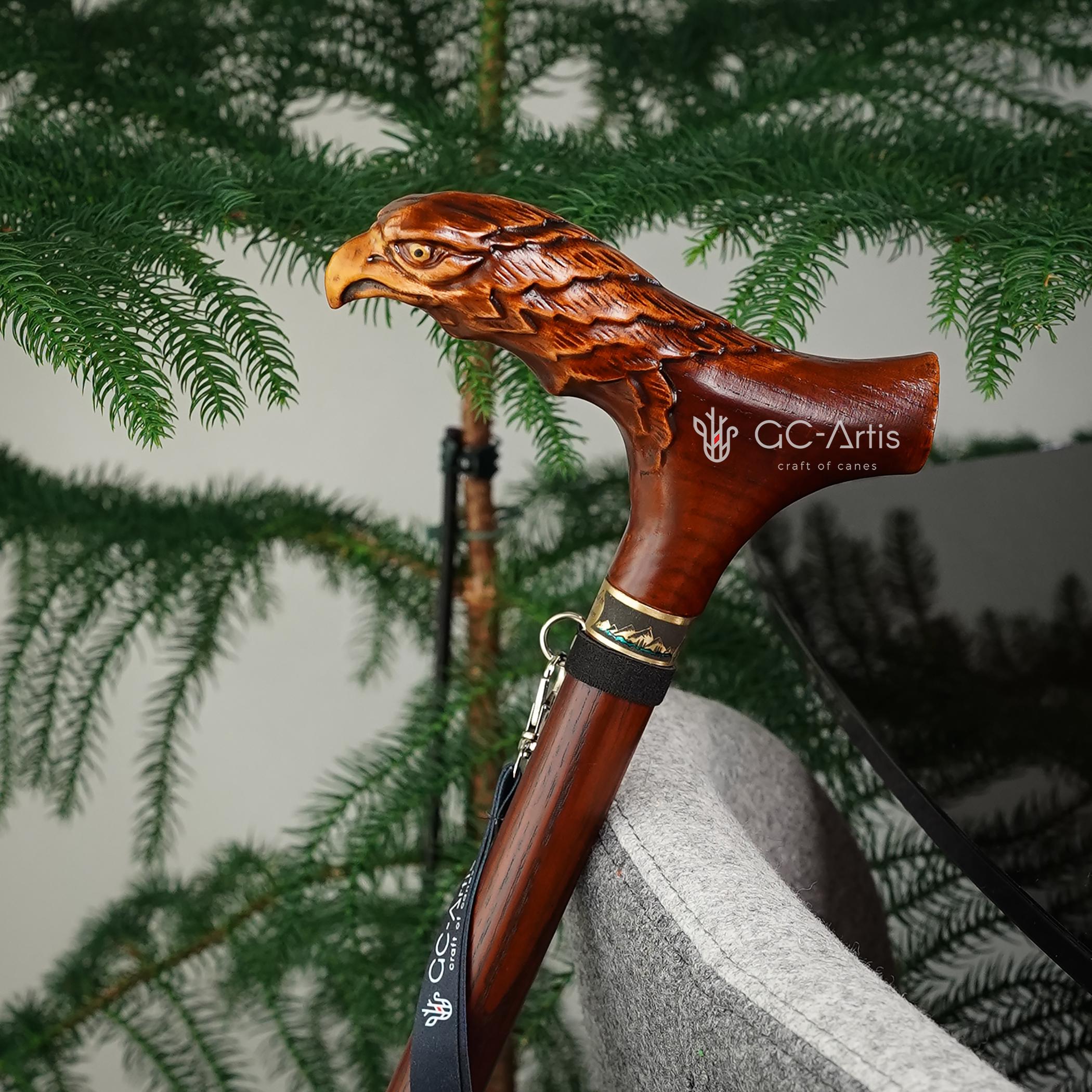 Wooden Cane Walking Stick Bald Eagle - Wood Carved Cane, Handpainted handle, Decorated Brass collar, Patriotic Style for man woman