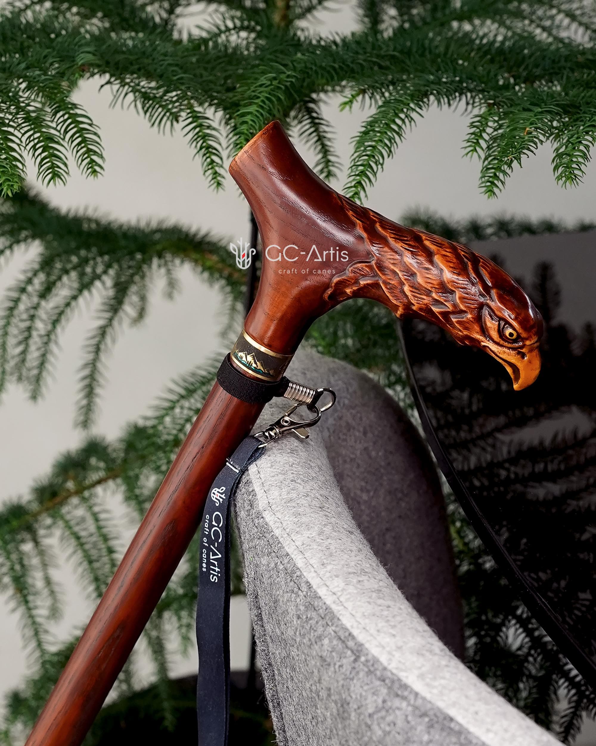 Wooden Cane Walking Stick Bald Eagle - Wood Carved Cane, Handpainted handle, Decorated Brass collar, Patriotic Style for man woman