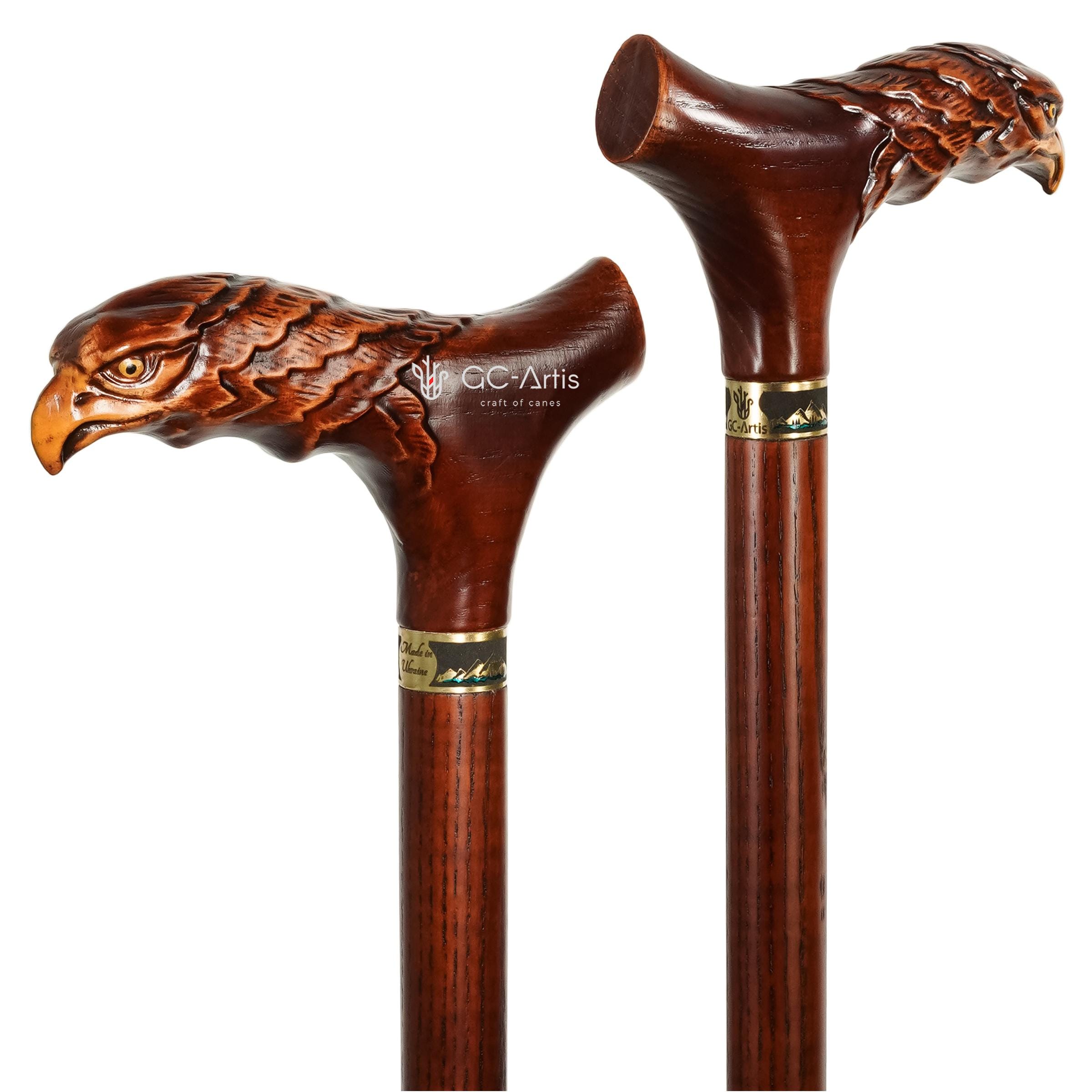 Wooden Cane Walking Stick Bald Eagle - Wood Carved Cane, Handpainted handle, Decorated Brass collar, Patriotic Style for man woman