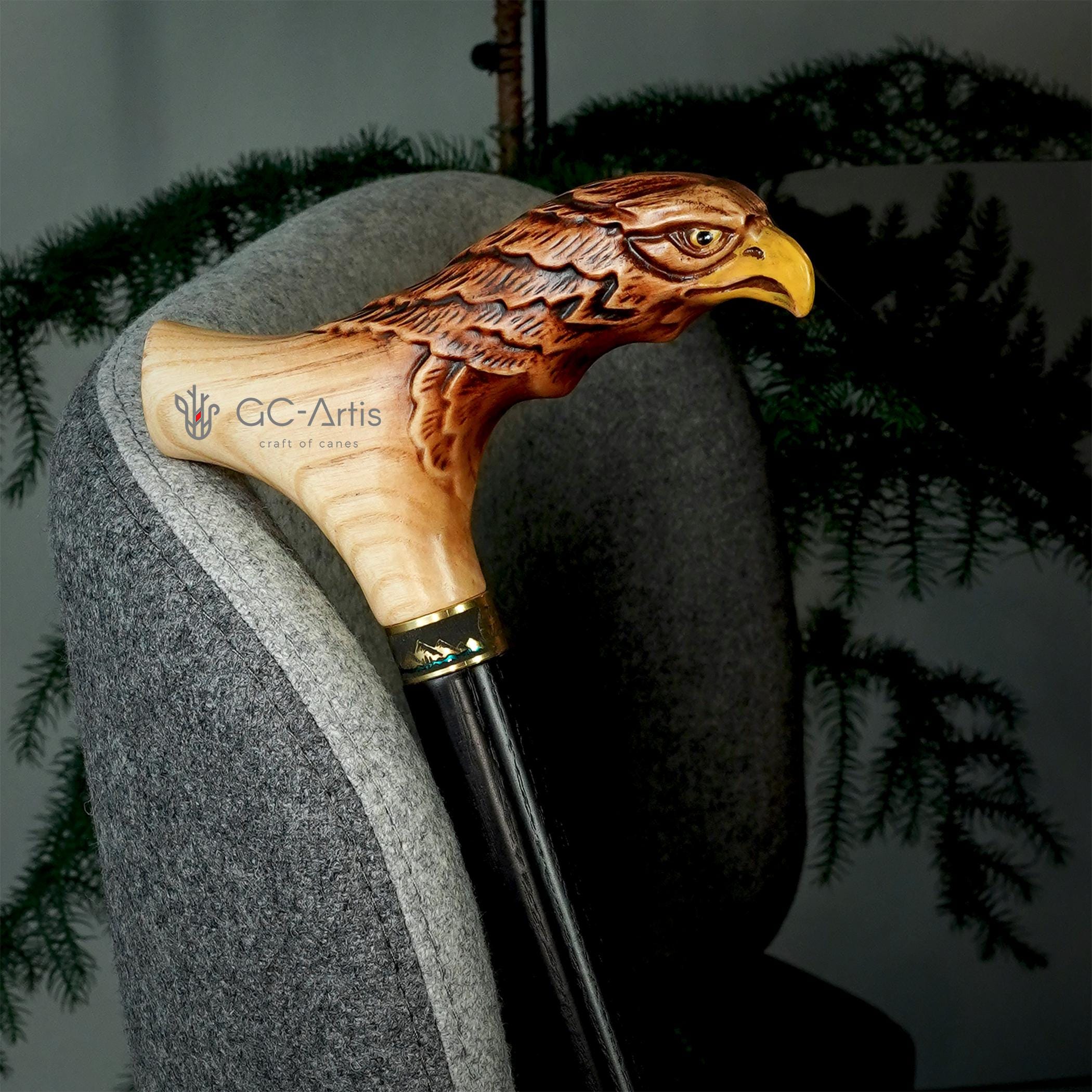 Light Wood Cane Walking Stick with American Bald Eagle - Crafted Handpainted handle, Decorated Bronze collar, Patriotic Style for man woman