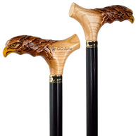 Light Wood Cane Walking Stick with American Bald Eagle - Crafted Handpainted handle, Decorated Bronze collar, Patriotic Style for man woman