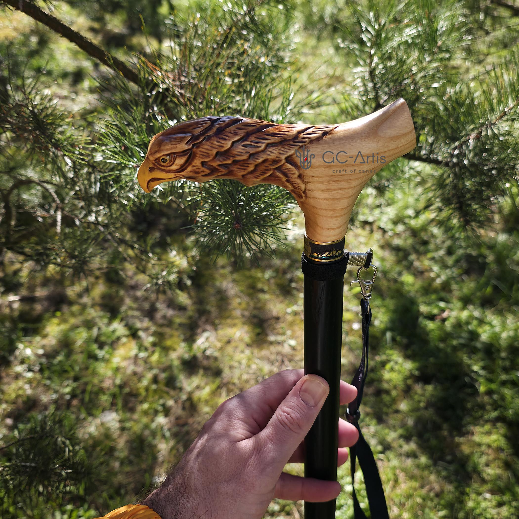 Light Wood Cane Walking Stick with American Bald Eagle - Crafted Handpainted handle, Decorated Bronze collar, Patriotic Style for man woman