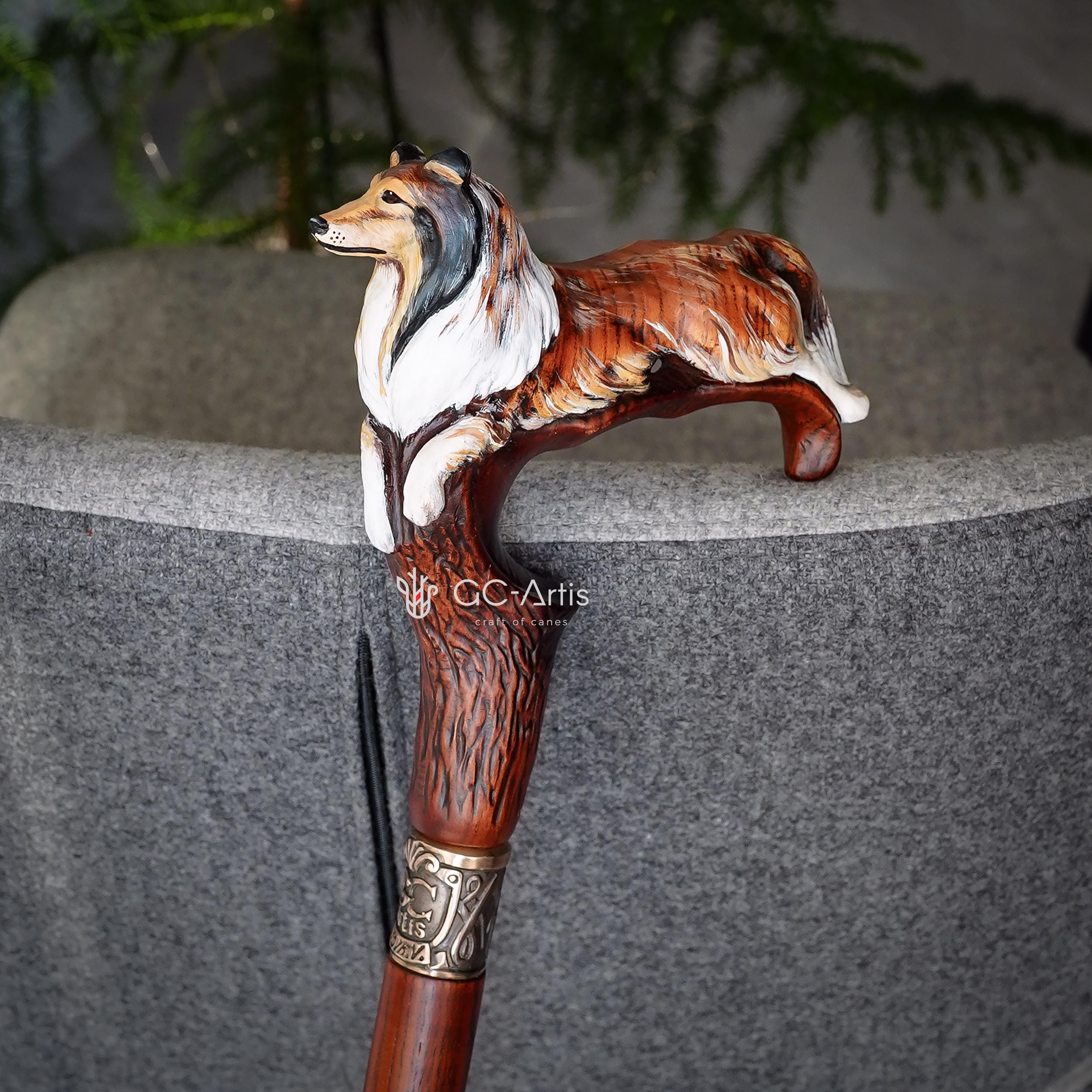 Hand painted Wooden Walking Stick Cane - Collie Dog - carved Sable Scotland shepherd Sheltie