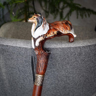 Hand painted Wooden Walking Stick Cane - Collie Dog - carved Sable Scotland shepherd Sheltie