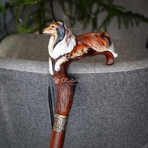 Hand painted Wooden Walking Stick Cane - Collie Dog - carved Sable Scotland shepherd Sheltie
