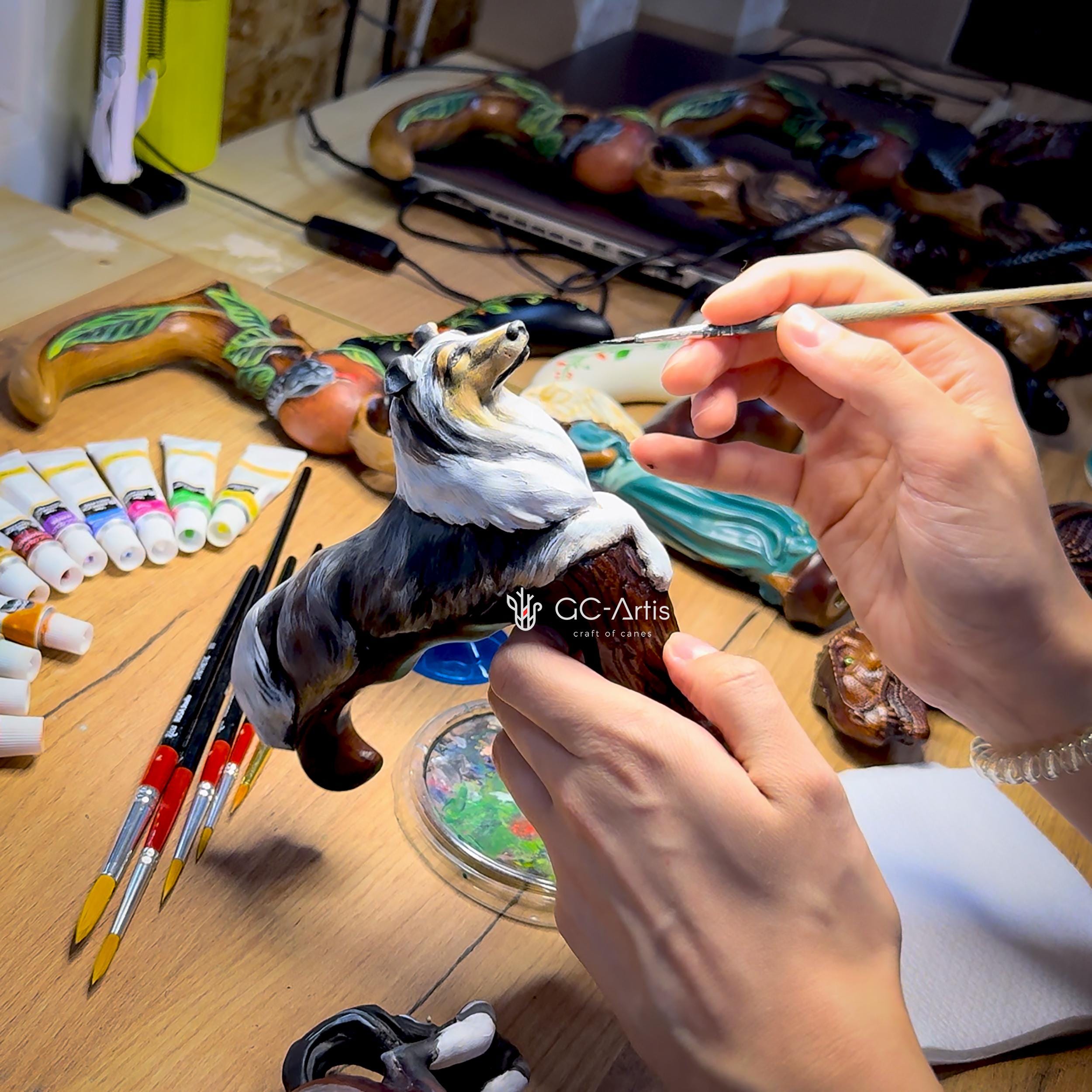 Hand-painted Wooden Walking Stick Cane - Collie Dog - Smoke Scotland shepherd Sheltie