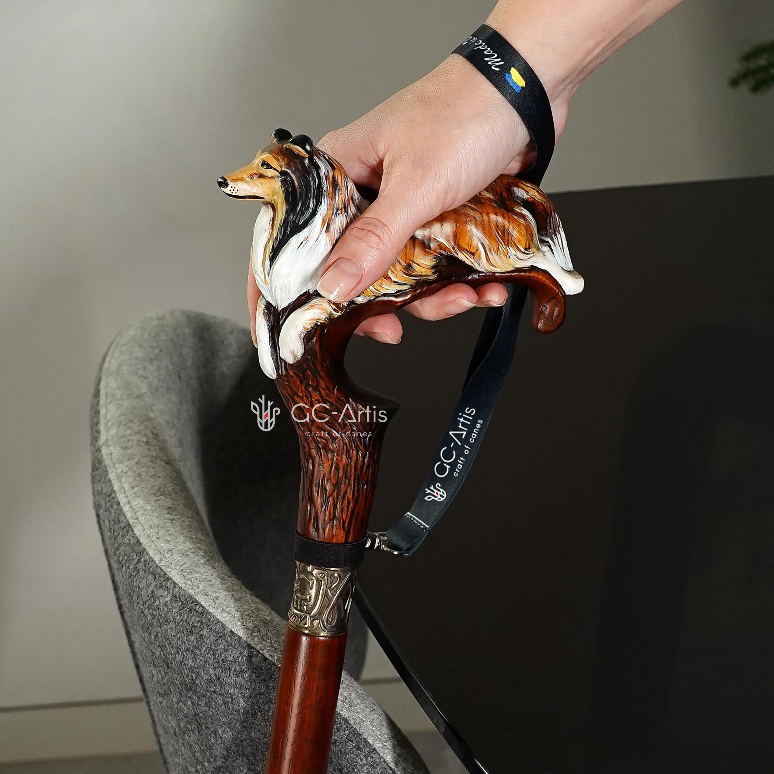 Hand painted Wooden Walking Stick Cane - Collie Dog - carved Sable Scotland shepherd Sheltie