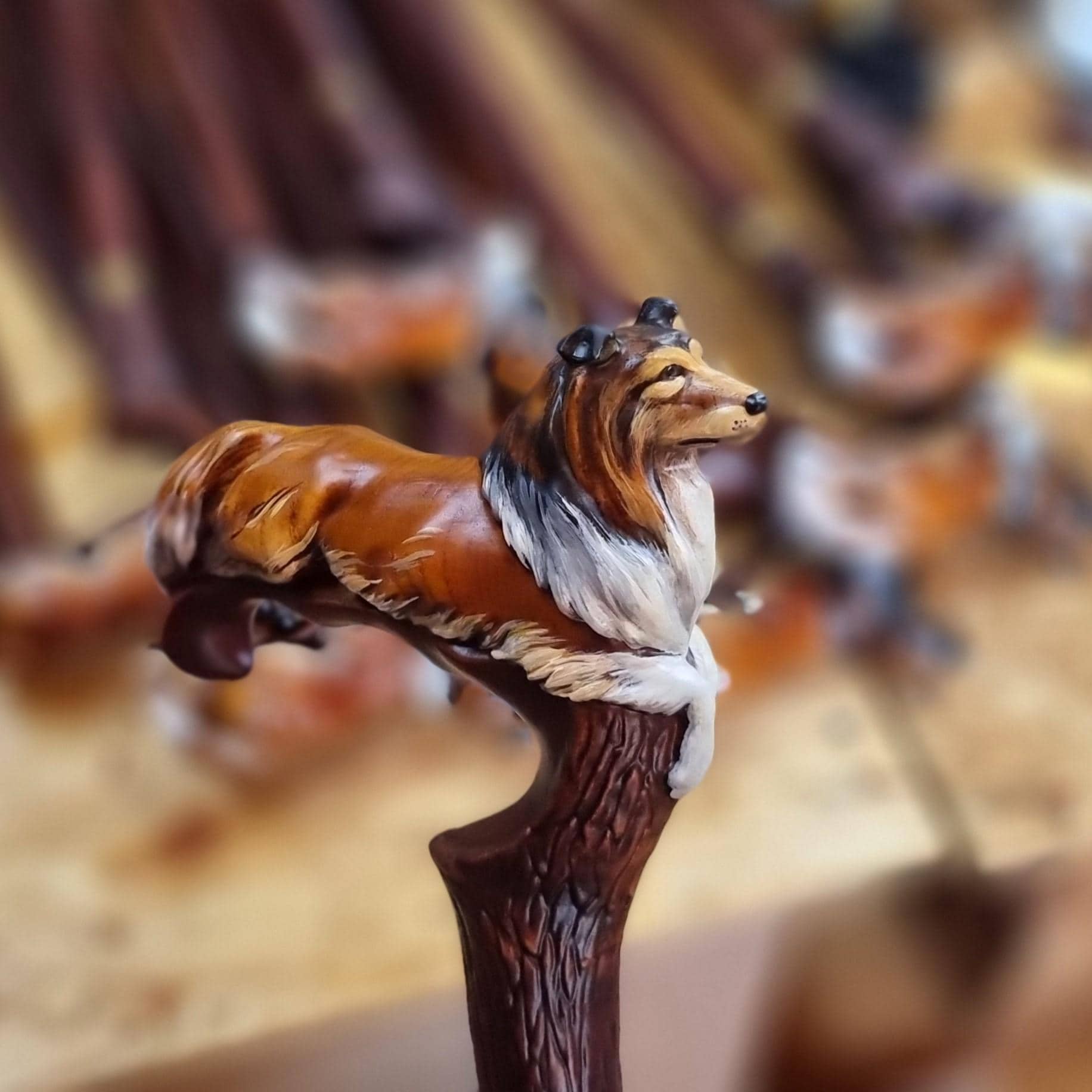 Hand painted Wooden Walking Stick Cane - Collie Dog - carved Sable Scotland shepherd Sheltie